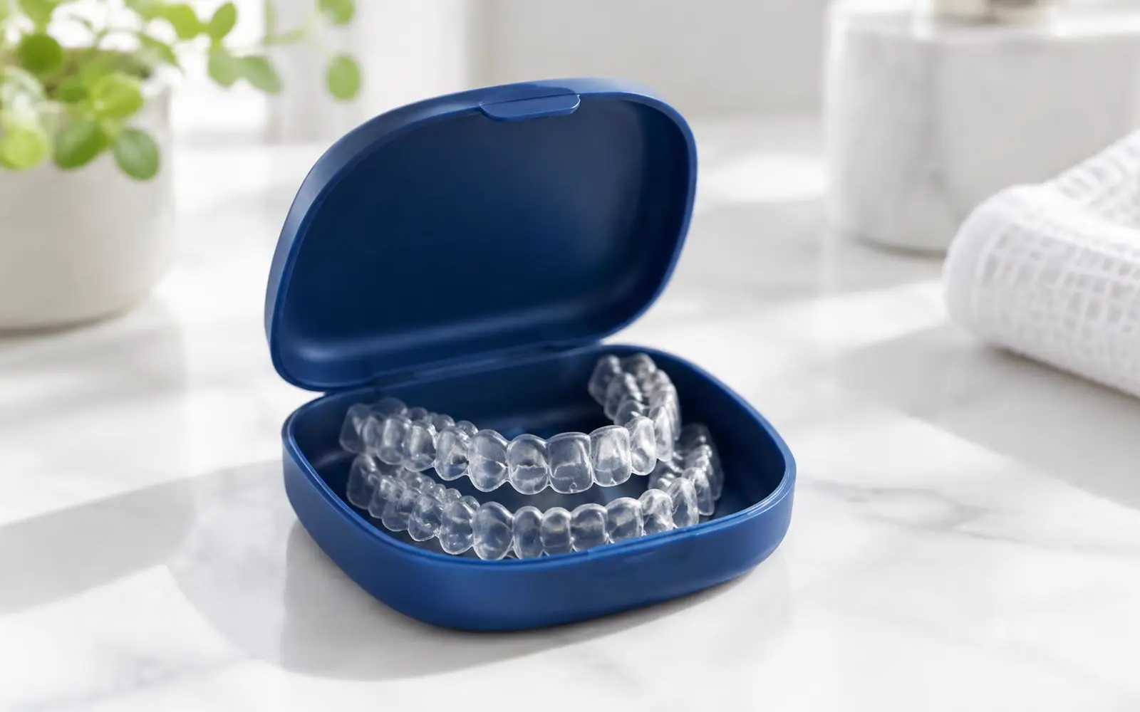 Doorzichtige beugels in een geopend blauw bewaardoosje op een wit marmeren blad