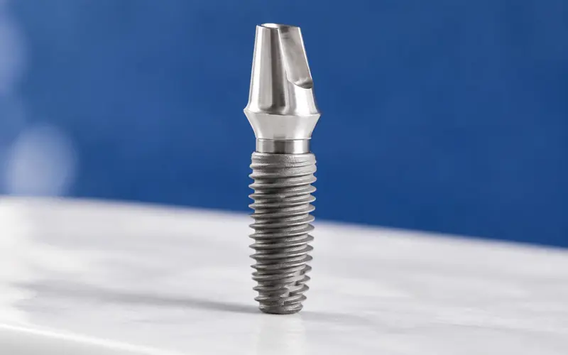 Een titanium implantaat met schroefdraad en een verbindingsstuk erop, rechtop op een wit vlak